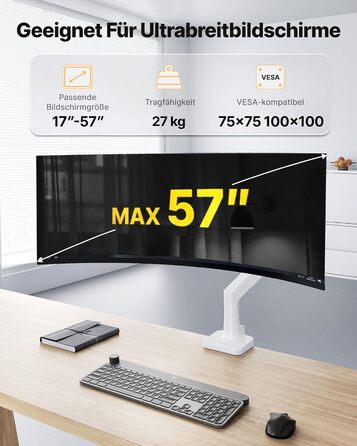 Кронштейн для монітора monTEK для Ultrawide екранів 17–57 дюймів до 27 кг, пневматичний ліфт, регулювання висоти, VESA 75x75/100x100, білий