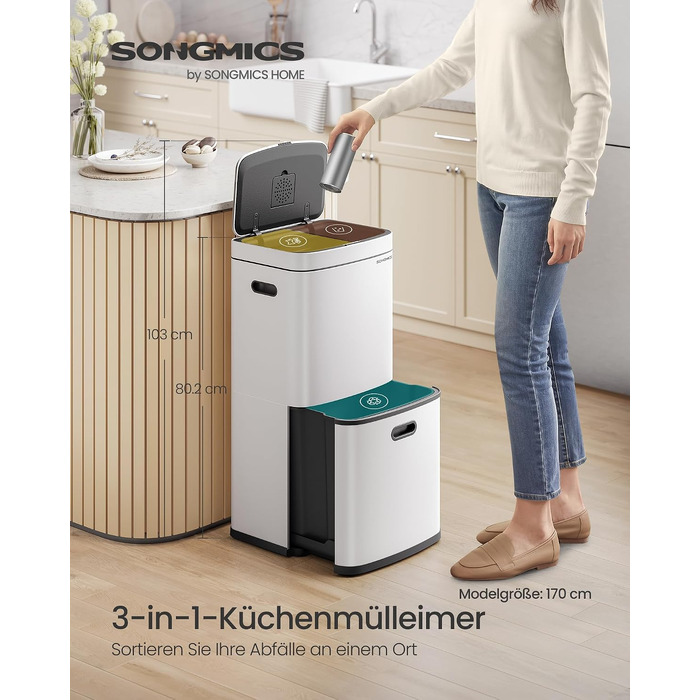 Сміттєвий кошик SONGMICS PARY LTB48BK, система сортування сміття на 2 відсіки (2x10л та 30л) з доводчиками Softclose, педаллю та ручками, чорний