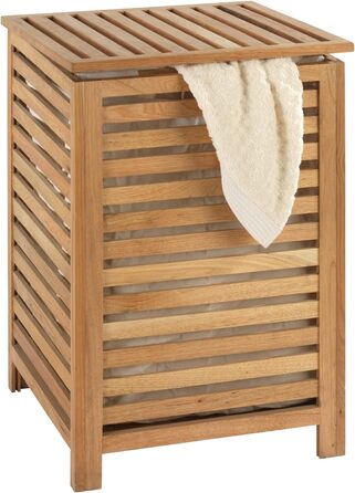 WENKO Laundry Hamper Norway, Laundry Collector with Removable Cotton Laundry Bag, Walnut Wood, Capacity 56 L, 45 x 65 x 45 cm, Natural
