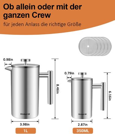 Френч-прес 1000 мл / 8 чашок, кавоварка з нержавіючої сталі, подвійні стінки, ізольована, з фільтром - 1 літр