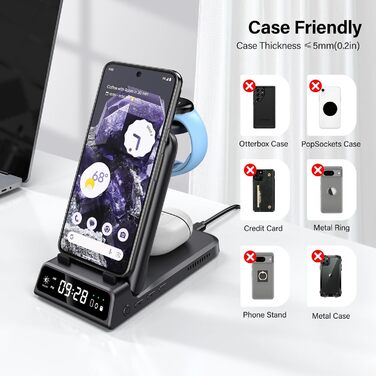 Бездротова зарядна станція 3-в-1 для Google Pixel Watch 3/2, Fitbit Versa 4/3, Sense 2/1, Samsung Galaxy S26 Ultra, iPhone 17 та Pixel Buds Pro 2 - SwanScout 703G2 (Чорний)