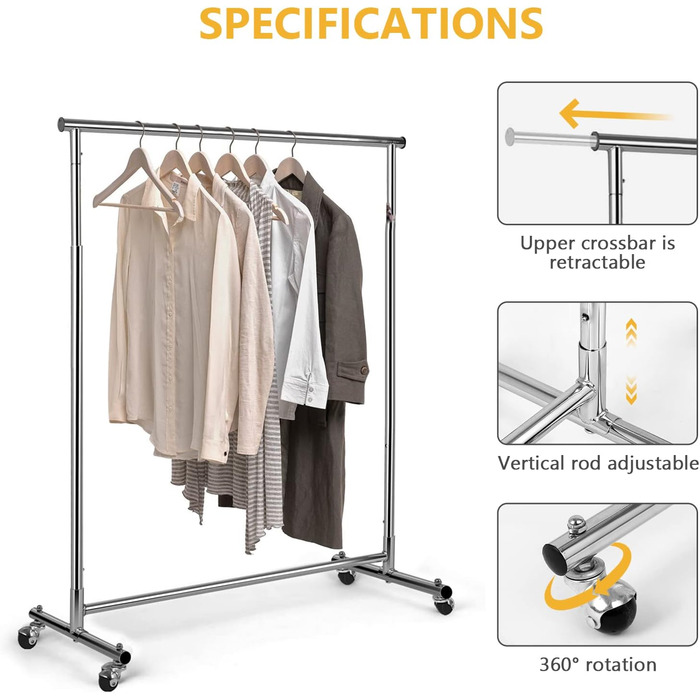 VOWNER Clothes Rack, Clothes Rail, Coat Rack, Rolling Garment Rack, Adjustable Height and Extendable, Adjustable Clothes Rod, (90-132) x 40 x (113-170) cm, Chrome-plated Metal