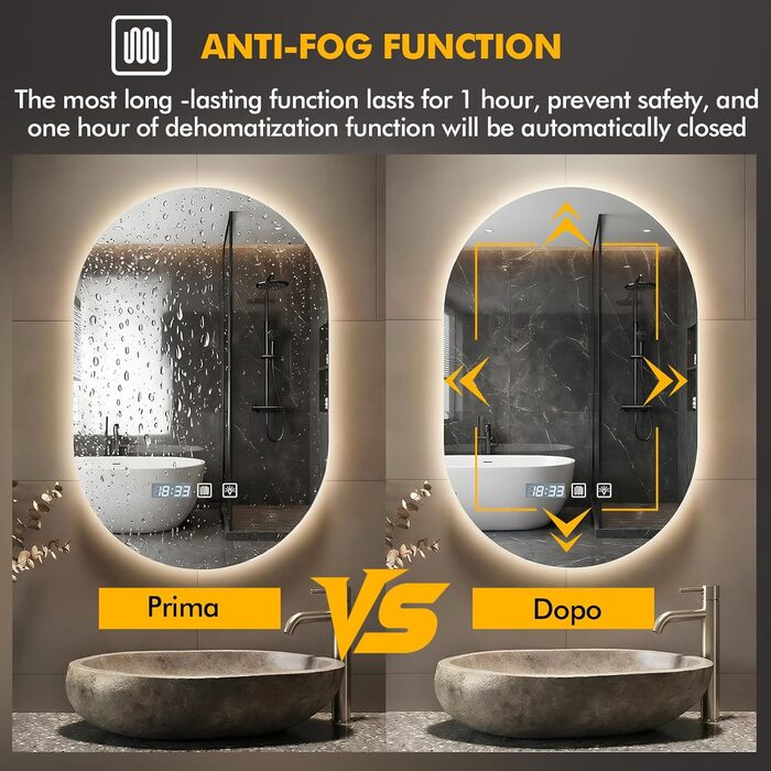 Дзеркало для ванної кімнати з підсвічуванням 50x70 см, з підігрівом, годинником, LED-підсвічуванням, сенсорною панеллю, функцією пам'яті, 3 кольори світла, регулювання яскравості