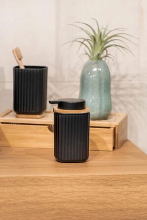 Дозатор для мила WENKO Rotello, 250 мл, з бамбуковими деталями, для мила та засобів для миття посуду, чорний/натуральний