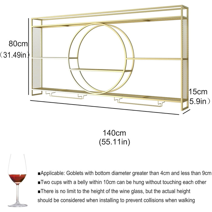 Настінна вітрина для вина з металу, 140 см, з утримувачем для келихів та LED-підсвічуванням, для бару, вітальні, кухні, чорний/золотий