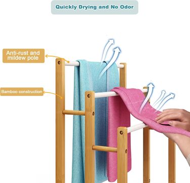 Підставка для рушників Dripex з бамбука, 96 см, з 3 нержавіючими стійками та полицею для ванної кімнати