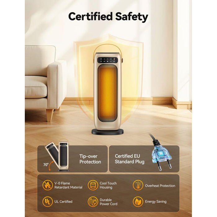 Електричний обігрівач PTC керамічний 1500W з пультом керування, 4 режими, осциляція 110°, таймер 1-10 год, захист від перегріву та перекидання. Компактний обігрівач для дому, золото.