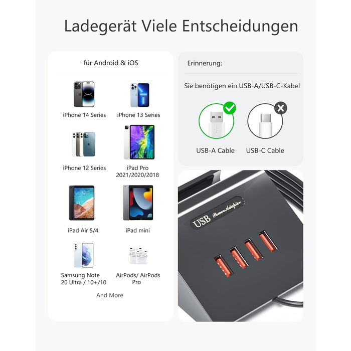 Багатопортова USB зарядка POANES 25W, 4 порти для iPhone, Samsung, LG, Huawei та інших (чорний)
