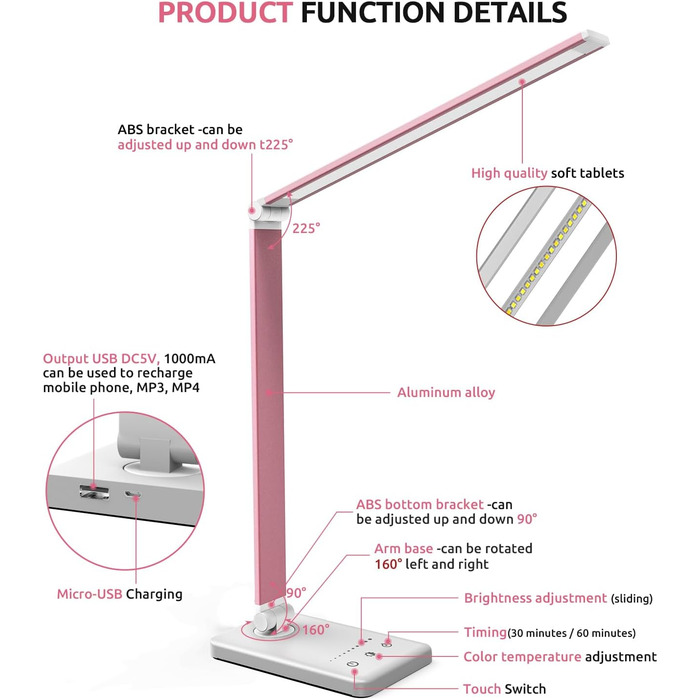 LED лампа настільна дитяча регульована рожева з акумулятором 2500mAh, 5 кольорів, 10 рівнів яскравості, сенсорне управління, складана