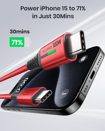 Кабель USB-C 100W з підтримкою PD3.0, 2м, червоний. Кабель USB-C для iPhone, Samsung, Pixel, iPad, MacBook. Нейлонова обплітання.