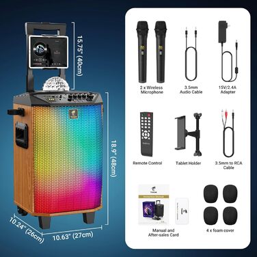 Караоке система TONOR K20 з 2 мікрофонами, Bluetooth, світлодіодна куля, для дому та вулиці