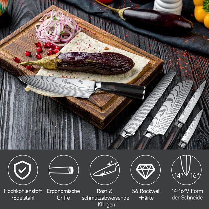 Набір кухонних ножів Gustrug 5 шт. з нержавіючої сталі, ергономічні ручки, професійний набір ножів з кухарським, хлібним, сантоку, універсальним та овочевим ножами, подарункова коробка