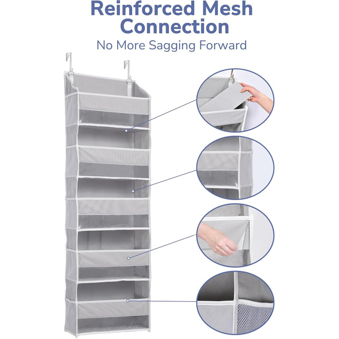 Органайзер для дверей ULG з 5 великими та 10 сітчастими кишенями, вантажопідйомність 20 кг, для спальні, ванної, кухні (сірий)