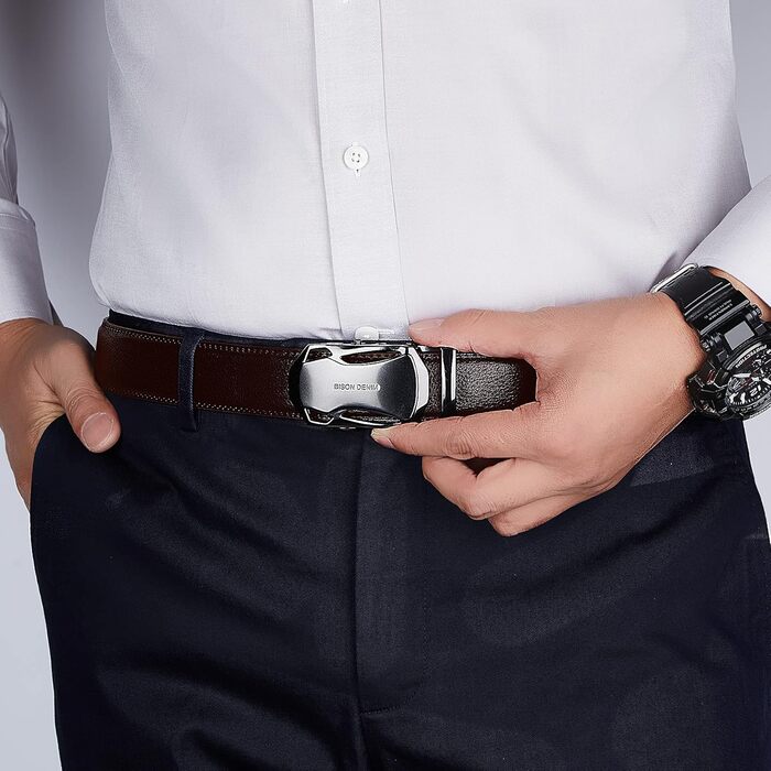Чоловічий шкіряний ремінь BISON DENIM з автоматичною застібкою-ратом - для бізнесу та ділових костюмів, ширина 35 мм, колір кавовий, артикул N71287