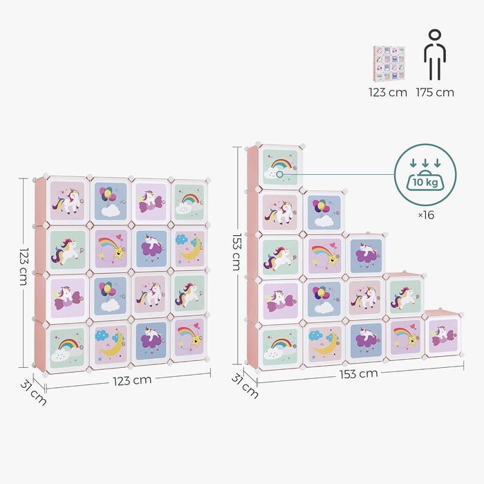 SONGMICS 16-Cube Storage Organizer with Doors - Kids Closet, Shoe Rack, Multi-Purpose - Pink