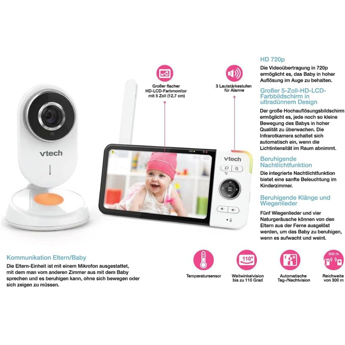 Vtech VM901-1W WiFi камера, дитячий відеомонітор з 5-дюймовим HD-дисплеєм, поворотна камера 1080P, мобільний додаток, широкий кут огляду 120°, сумісність з iOS та Android