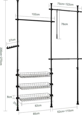 SoBuy Regal System with 3 Clothes Rails and 3 Baskets Telescopic Wardrobe System Adjustable Organization System FRG34-SCH