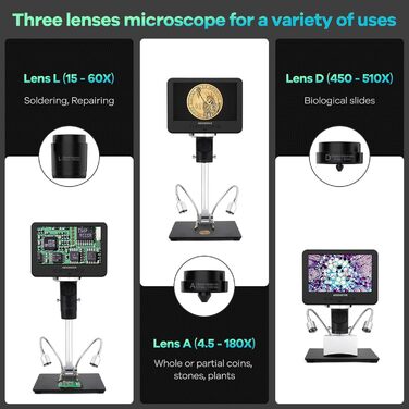 Цифровий мікроскоп Andonstar AD246S-M з 7-дюймовим екраном, 2000x, 3 об'єктиви, 2160P UHD відеозапис, 32GB карта пам'яті