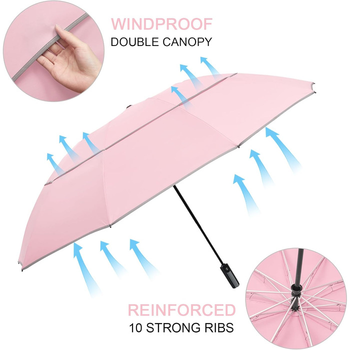 G4Free Парасолька велика, 137 см, для гольфу, подвійний купол, 10 спиць, складана, вітростійка, автоматична, рожева