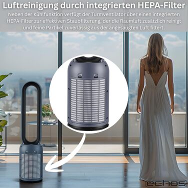 Вентилятор підлоговий Echos Turmventilator з пультом, HEPA-фільтром, таймером 24 год, тихий, енергоефективний