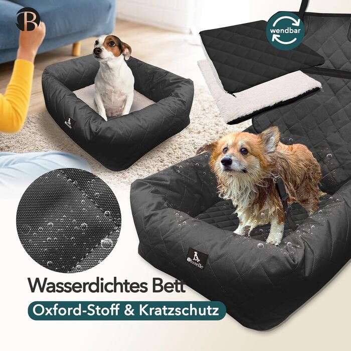 Bluzelle 2-in-1 Dog Car Seat & Bed - Oxford Fabric, Washable, Non-Slip - for Small & Medium Dogs - Black
