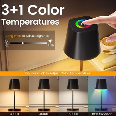 LED настільна лампа Quntis бездротова, торкання, регулювання яскравості, акумулятор, USB зарядка, 3000K-5000K, IP44, вологостійка, для столу, кемпінгу, балкону, чорна, RGB, 3 кольори світла