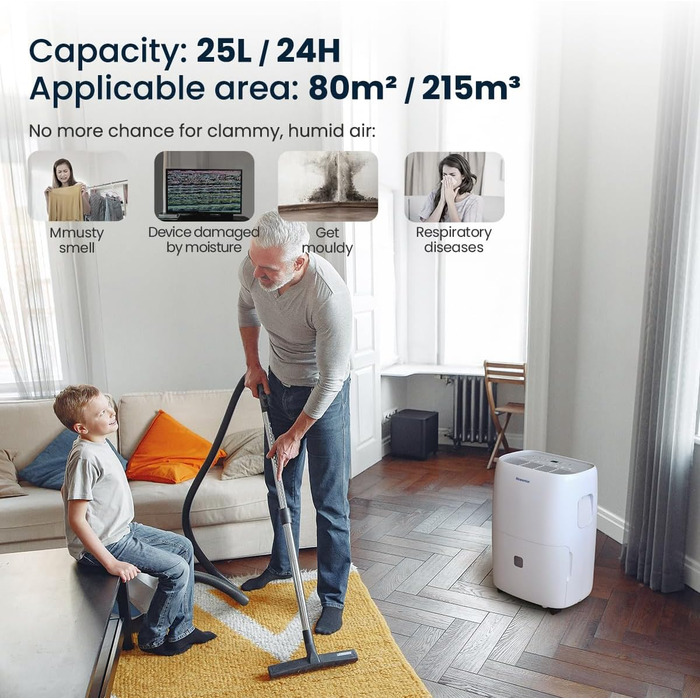 Електричний осушувач повітря Newentor 12L для підвалу - тихий (35dB), з шлангом 1м, для приміщень до 25м², 10 років гарантії, фільтр, таймер (25л/день)