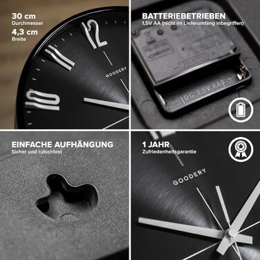 GOODERY Wall Clock Ø 30 cm Silent 3D | Large, Modern, Analog Wall Clock without Loud Tick Sounds, Virtually Silent | Decoration for Every Wall | Clock, Radio Controlled | Radio Controlled Clock (Black/Silver)