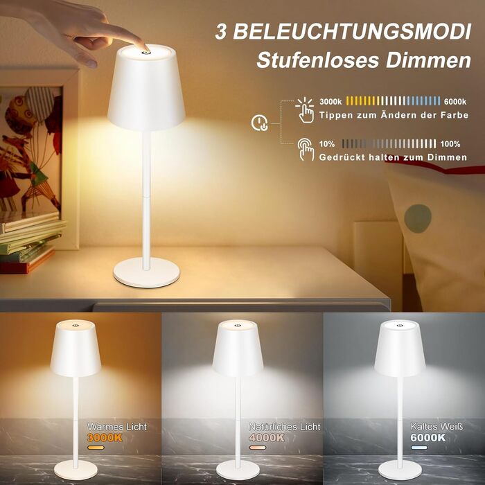 LED настільна лампа акумуляторна бездротова з сенсорним керуванням, USB-C, димування, 3 режими світла, регульована висота, IP54 водонепроникна для ресторану, спальні, бару, вулиці - біла