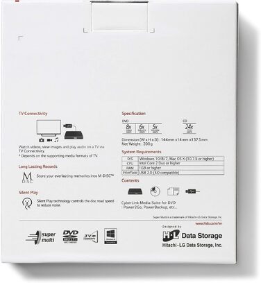 Зовнішній DVD-привід Hitachi-LG GP60, портативний Slim DVD-записувач та плеєр для ноутбука, USB 2.0, швидкість 8x, сумісність з Windows та Mac OS, чорний