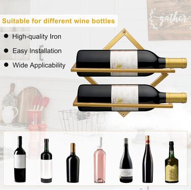 2pcs Metal Wall Mounted Wine Rack Stemware Glass Rack, Foldable Wall Hanging Red Wine Shelf Organizer with 3 Stem Glass Holders, Black Wine Bottle Hanger for Home Kitchen Bar Wall Decor (Gold Aa)