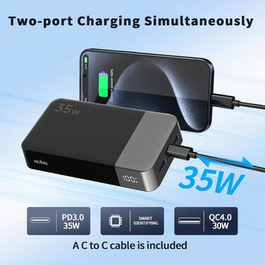 Power Bank Nobis 20000mAh з LED дисплеєм, 35W USB-C, 4 порти, швидка зарядка, сумісний з MacBook, iPhone 15, Samsung S23 (Зелений/Чорний)