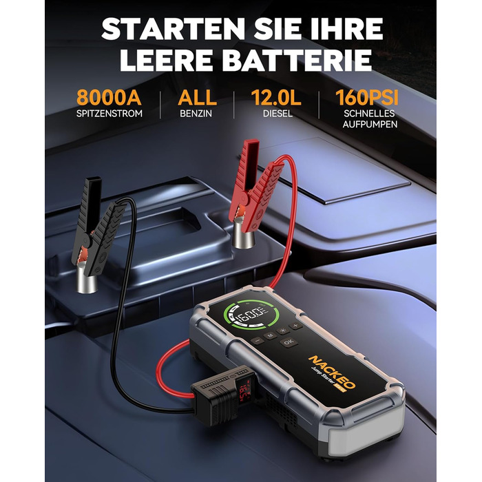 Портативний зарядний пристрій Starthilfe 8000A з компресором 160PSI, 12V для автомобілів, 20000mAh, LED-ліхтар 600 Lumen, LCD-дисплей, сріблястий