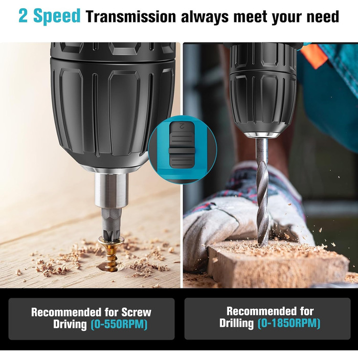 Акумуляторний шуруповерт LEEIKOO 21V з акумулятором 2.0Ah, 42N.m, 10мм патрон, 2 швидкості, 18+1 момент, 20шт аксесуарів, LED, сірий