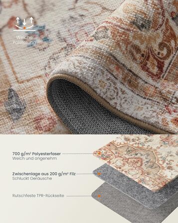 Килимок SONGMICS HOME Vintage, 120x170 см, для вітальні, спальні, кухні, коридору, їдальні, миючий, з антиковзаючим покриттям, TAR032G01 (Cappuccinobeige, 200B x 290L см)