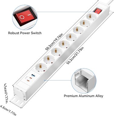 Мережевий фільтр із захистом від перенапруги, 10 розеток, поворотний на 360°, для стін, кабель 1.8м, 16A/4000W, для офісу та дому, чорний