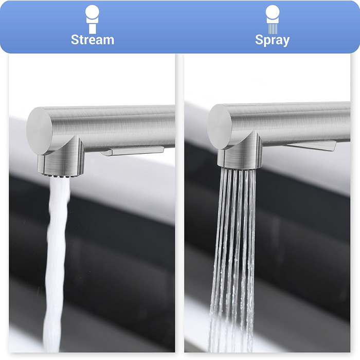 Кухонний змішувач DAYONE з висувною лійкою, нержавіюча сталь, 3 режими, 360° обертання, для кухонних мийок (15 см), матовий.