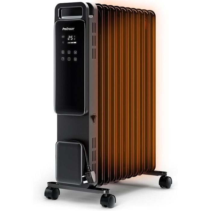 Електричний масляний радіатор Pro Breeze 2500W з 11 ламелями. Розумна система опалення, 3 режими, термостат, Wi-Fi, таймер 24 години, сенсорне керування, захист від перегріву. Білий.