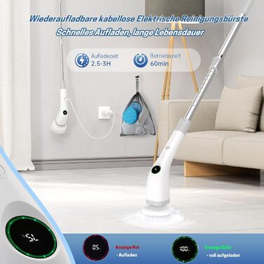 Електрична щітка для прибирання ванної кімнати, 7 в 1, з набором насадок, LED-дисплей, регульована ручка, IPX7, білий