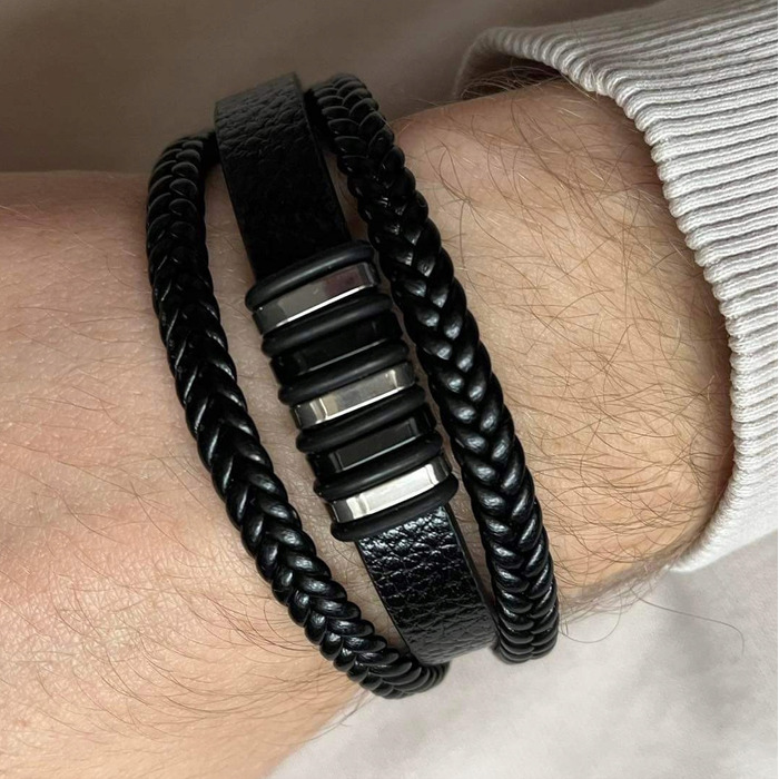 Чоловічий шкіряний браслет Premium: елегантний стиль, чорна сталь 316L