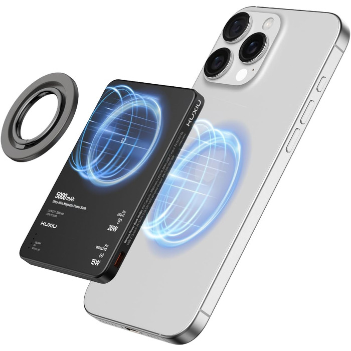 Power Bank KU XIU Magsafe 5000mAh: Тонкий, з підтримкою MagSafe, PD 20W, з кільцем-тримачем, чорний