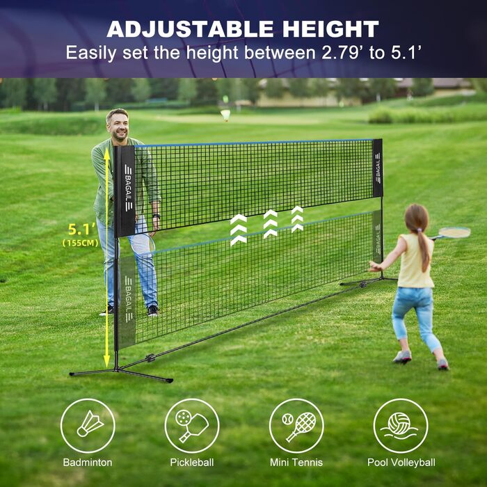 BAGAIL Adjustable Badminton Net Set with Stand & Carry Bag - Portable Tennis/Volleyball Net (4.2M)