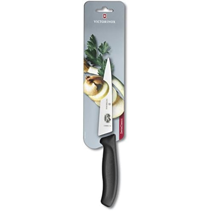 Ніж кухонний Victorinox Swiss Classic, професійний, 15 см, надгостре лезо з нержавіючої сталі, прямий зріз, пластикове руків'я, чорний