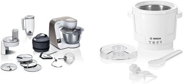 Bosch Kitchen Machine Series 4 MUM5XW20, 3.9 L Stainless Steel Bowl & MUZ5EB2, 550ml, Homemade Ice Cream, Sorbet, and Frozen Yogurt, White, Compatible with Kitchen Machine Series 4 White / Champagne 2-Piece Accessory Bundle with Ice Cream Maker