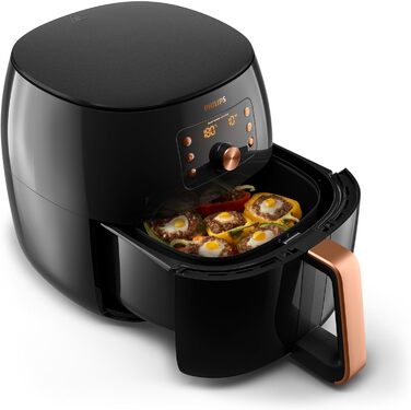 Philips Airfryer XXL with Rapid Air Technology - Hot Air Fryer with 7.3L Capacity, 90% Less Fat, Smart Sensing for Perfect Results, QuickClean, Recipe App, Black/Copper (HD9867/90)