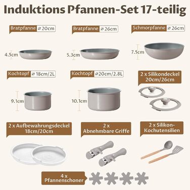 Набір каструль BEZIA 17 предметів з знімним ручками, антипригарний набір сковорідок з керамічним покриттям, набір каструль для індукційних плит, підходить для всіх типів плит, стік-набір, посуд для кемпінгу, піч-безпечний, світло-бежевий