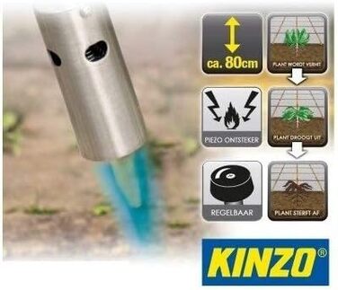 Газовий пальник Kinzo K0318 для видалення бур'янів, 80 см, з п'єзозапалюванням, комплект з 10 балонів по 227 г, регульований полум'я, до 1000°C, для гриля, шиші, бур'янів