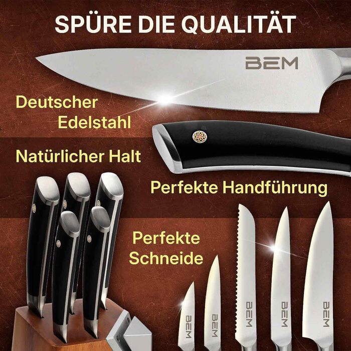 Набір кухонних ножів BEM Master Chef 6 шт. з підставкою: кухонний ніж, ніж для овочів, ніж для нарізки, універсальний ніж, ніж для хліба; шліфувальник, нержавіюча сталь