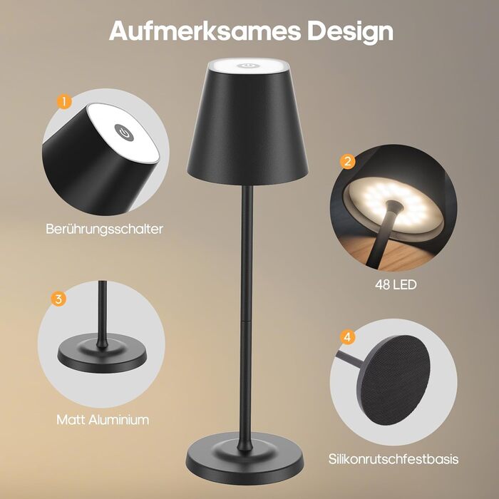 Світлодіодна настільна лампа 3-в-1 бездротова з акумулятором 5500mAh, регульована висота, димування, 3 кольори світла - USB акумуляторна настільна лампа металева водонепроникна сенсорна для дому та вулиці, чорна (набір 2 шт.)