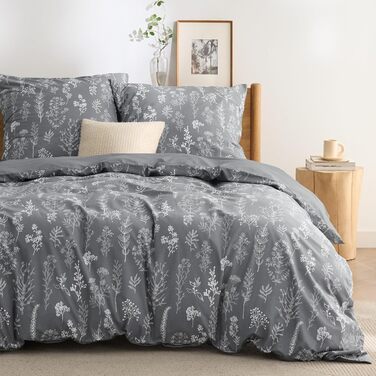 BEDSURE Комплект постільної білизни 135x200, бавовна, 4-х частинний - сірий, з крізь-застібкою, з двома наволочками 80x80 см, з малюнком гілок, сертифікат ÖKO-TEX